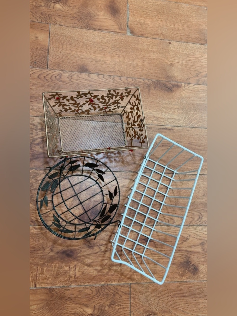 Set of Three Decorative Wire Baskets - Gold, Dark Green , white